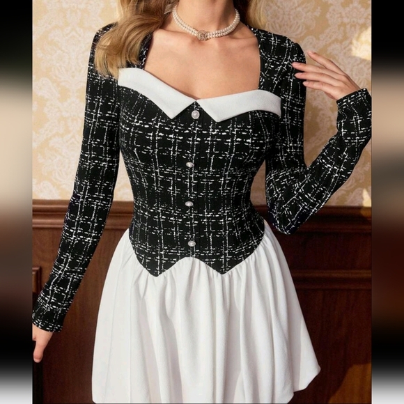 Elegant Party Bodycon Dress, Color Block Tulip Skirt Floral Turndown Collar Dres - Picture 2 of 4